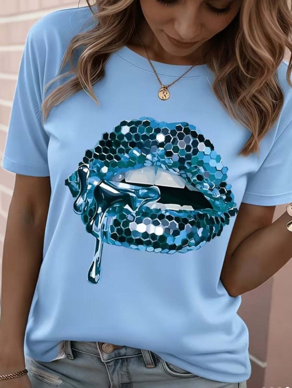 Blue Sequin Print Lip Graphic Tee - Women